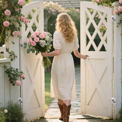 A woman with a bouquet of pink roses walking through white courtyard gates with Heavy Duty Gate Hinges With One Piece Cast AISI 304 Stainless Steel Left Handed Sliding Bolt Latch And Adjustable Silent Pads For Vinyl Gates Farm Fence Gates Courtyard Gates Wood And Iron Fences.