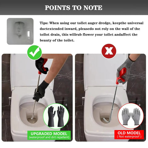 Comparison of upgraded and old toilet snake clog remover models in use, showing effectiveness and handle design, under 'Points to Note' section.