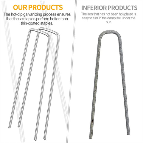 Comparison of 6 Inch Landscape Staples 50 Pack Pro Grade Galvanized Garden Stakes For Securing Landscape Fabric Weed Barrier Artificial Turf Plant Covers Yard And Tent Stakes with non-galvanized staple