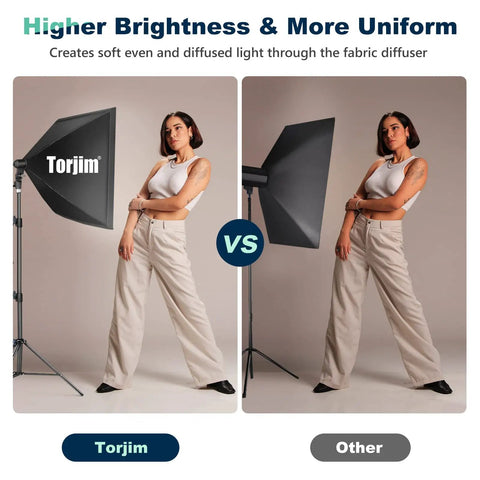 Comparison of Two Pack 27 By 27 Inch Softbox Lighting Kit With 85W LED Bulbs And Remote vs other lighting on a model in studio