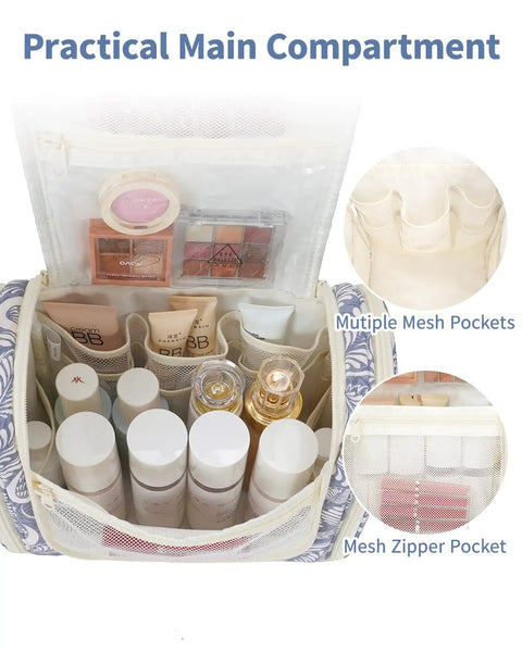 Hanging Toiletry Bag For Travel Makeup Organizer Unisex On The Go Large Capacity With 8 Mesh Pockets Blue Leaf Pattern Open