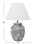 Grey Terracotta Table Lamp With Distressed Sculptural Base And Linen Shade, 23 Inch Tall, Iron Accents, Rustic Modern Home Decor
