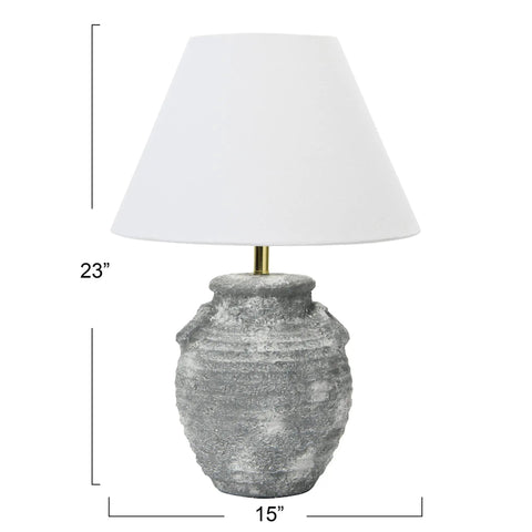 Grey Terracotta Table Lamp With Distressed Sculptural Base And Linen Shade, 23 Inch Tall, Iron Accents, Rustic Modern Home Decor