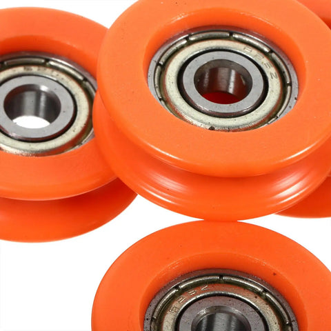 Four Piece Sliding Gate Roller Wheels With U Groove Small Pulley, Heavy Duty Steel Rollers For Smooth Sliding Doors Hardware Upgrade, Ideal For Barn Gates And Utility Sheds, Easy Install And Wobble Free Operation. orange U-groove steel roller wheels with bearings