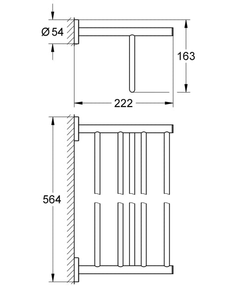 Technical drawing of BauCosmopolitan Multi-Towel Rack 510mm Polished Chrome Easy Install Wall Mount Space Saving Organizer.