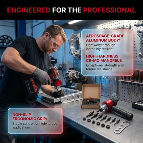 Engineer using Rivet Nut Setter Kit For Cordless Drill M3 To M8 on metal, highlighting aerospace-grade aluminum body and CR-MO mandrels.