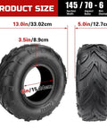 145/70-6 Mini Bike Tires Tubeless Replacement For Coleman CC100X CT100U KT196 GMB100 Baja Doodle Bug DB30 Motovox RT100 And More Beefy Street Style Go Kart Tires 1 Piece, showing tire dimensions and design.
