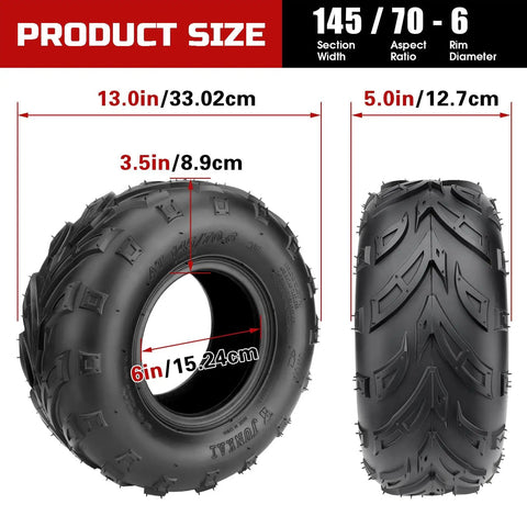 145/70-6 Mini Bike Tires Tubeless Replacement For Coleman CC100X CT100U KT196 GMB100 Baja Doodle Bug DB30 Motovox RT100 And More Beefy Street Style Go Kart Tires 1 Piece, showing tire dimensions and design.