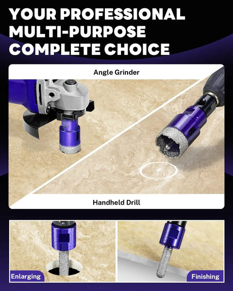 9 Piece Diamond Hole Saw Kit With Pilot Bit Adapter For Porcelain Ceramic Granite Marble And Stone Pro Grade Thickened Diamond Core Drill Bits used with angle grinder and handheld drill on stone surface