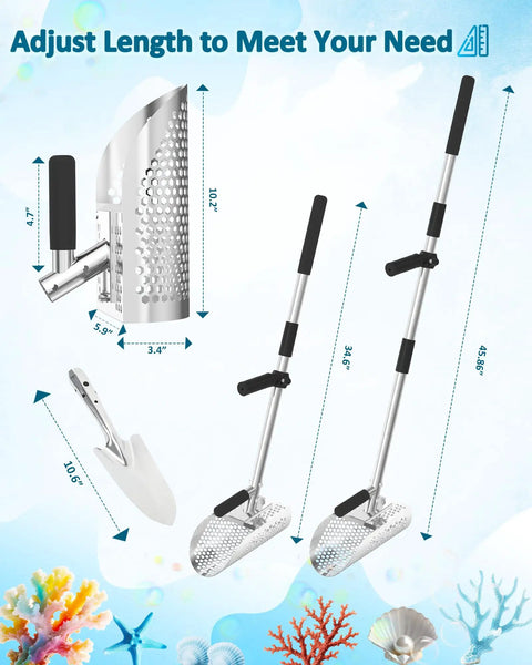 Two In One Sand Scoop For Metal Detecting With Long Detachable Handle Stainless Steel Beach Shovel And Sifter For Quick Sand Diggin Standing Posture Beach Treasure Hunt And Underwater Prospecting with adjustable length options shown.