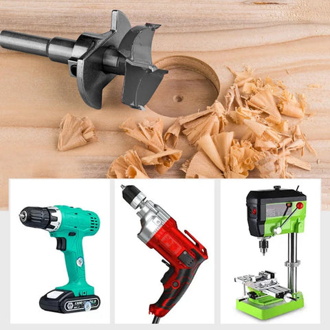 Close-up of carbide-tipped Forstner drill bit cutting into wood with shavings; 10-piece set for hardwood and plywood