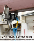 Smooth Aluminum Sliding Beam Anchor For I Beam Featuring 360 Rotating D Ring And Built Tough Nylon Rollers on adjustable fixed jaws with lanyard.