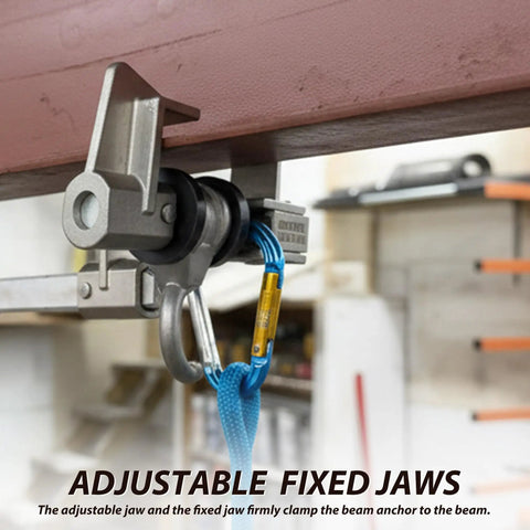 Smooth Aluminum Sliding Beam Anchor For I Beam Featuring 360 Rotating D Ring And Built Tough Nylon Rollers on adjustable fixed jaws with lanyard.