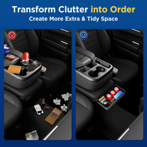 Center Console Hanging Organizer Tray For Chevy Silverado Sierra 1500 2019-2026 And Silverado 2500HD 3500HD 2020-2026 Split-Bench Folding Seat Only Black showing clutter transformation to tidy storage
