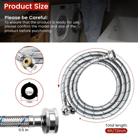 6Ft Stainless Steel Washer Hose With 90 Degree Elbow For All Washers 2 Pack Burst Proof Braided Hoses with measurements shown