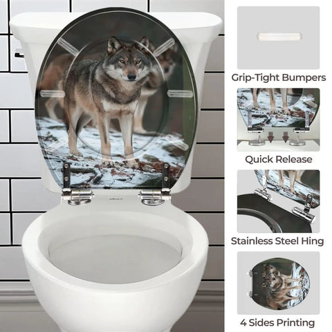 Toilet Seat Round Resin for Bathroom features a wolf design, stainless steel hinge, and grip-tight bumpers.