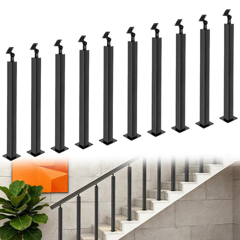 Badass Heavy Duty Undrilled Outdoor Handrail Post With No Hassle Setup And 270 Degree Adjustable Base For Backyard Projects Matte Black Iron Railing Bracket Comes Fully Loaded displayed in a modern staircase setting.