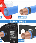 All-In-One PEX Crimp Tool Kit For One Half And Three Quarter Inch Copper Crimp Rings demonstrating cut, connect, crimp, gauge steps.