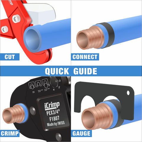 All-In-One PEX Crimp Tool Kit For One Half And Three Quarter Inch Copper Crimp Rings demonstrating cut, connect, crimp, gauge steps.