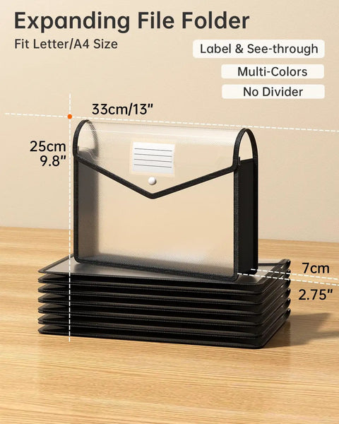 Black Transparent Expanding File Folder 7 Pack With Snap Closure No Dividers Large Capacity 13 By 9.8 Inch Expansion Up To 2.75 Inches