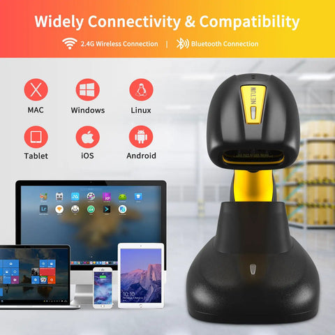 Rugged Industrial Bluetooth Barcode Scanner With Charging Dock, 2D And 1D Wireless Reader, IP67 Waterproof, shown with devices.