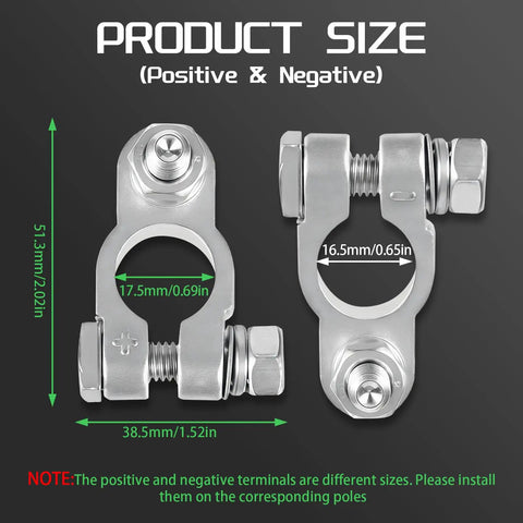 Top Shelf Military Spec Battery Terminal Connectors Featuring Pure Copper Build And Rust Proof Washers Built Tough For Trucks Cars And Marine Rigs With Secure Covers, showing product size dimensions.