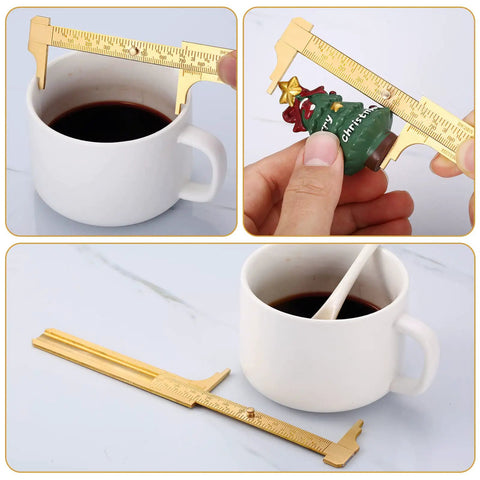 Brass Vernier Caliper Pocket Caliper Set with double scale mm and inch measuring diameter of white mug and small Christmas decoration.