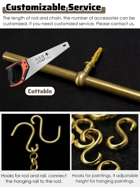 Picture Rail Hanging System Brass Kit For Gallery Art Display With Heavy Duty Wall Hardware showing cuttable brass rod, hooks, and chains