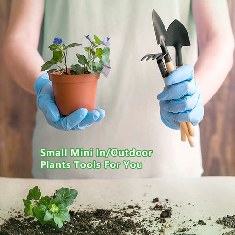 Person holding Six Piece Iron Garden Tool Set With Hand Shovels Transplant Shovel And Hand Rake, Wood Non Slip Handles