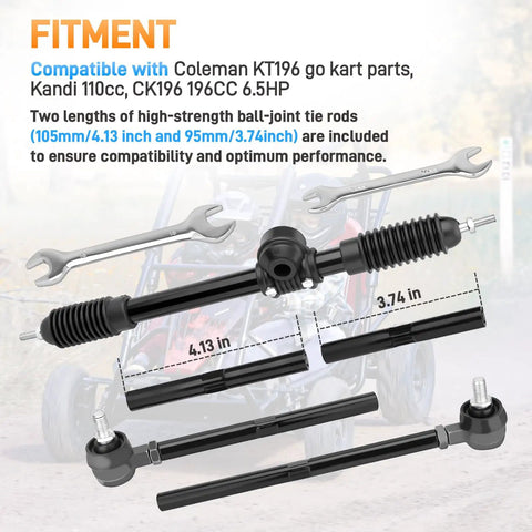 Heavy Duty Steering Gear Assembly For Go Karts Compatible With KT196 CK196 196CC 6.5HP Engines with tie rods and wrenches