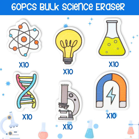 Cool Science Themed Erasers Set For Kids 60 Pack Back To School Gift Bulk Novelty With Microscope U Shaped Magnets DNA Chromosome