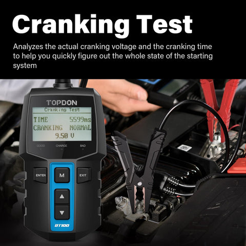 12V Car Battery Tester With 100 To 2000 CCA Load Test Digital Auto Battery Analyzer in use on an engine