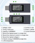 Type C Power Meter USB C Tester with LCD Display showing voltage and current readings for chargers and devices.