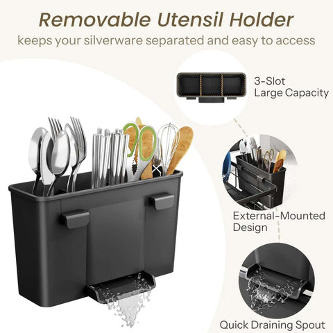 Space Saving Dish Rack For Small Kitchens With Utensil Holder And Drainboard, angled drainer close-up, 3-slot utensil holder in black.