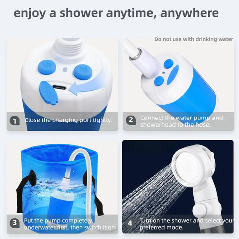 Rechargeable Camping Shower With USB-C showing setup steps with pump, bucket, and showerhead for outdoor use