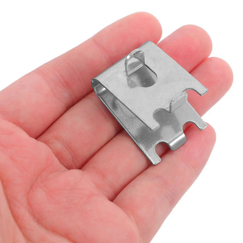 Heavy Duty Stainless Steel Freezer Shelf Clips 8 Pack With Brushed Finish shown in hand for scale
