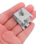 Refrigerator Shelf Support Clips No Tools Required 8 Pack Stainless Steel Brushed Surface Clip on a hand for size reference.