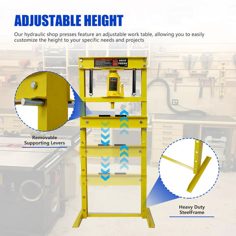 Badass 20 Ton Hydraulic Shop Press Hella Sturdy H Frame Build With Slick Adjustable Work Table And Smooth Acting Ram For Tough Garage Automotive Fixes In Bright Yellow Paint featuring adjustable height and removable supporting levers.