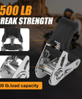 Close-up of Heavy Duty Self Retracting Ratchet Straps 1500 Lbs Break Strength 1 X 15 Ft showing mechanism and 500 lb load capacity.