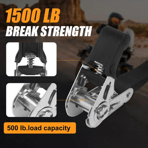 Close-up of Heavy Duty Self Retracting Ratchet Straps 1500 Lbs Break Strength 1 X 15 Ft showing mechanism and 500 lb load capacity.