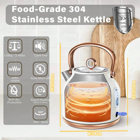 1.7L Stainless Steel Electric Kettle With Big Temperature Gauge And LED Indicator, 1500W Fast Boil For Quick Tea Or Coffee, Auto Shutoff And Boil Dry Protection, White, displaying front view with detailed heating elements and features list.