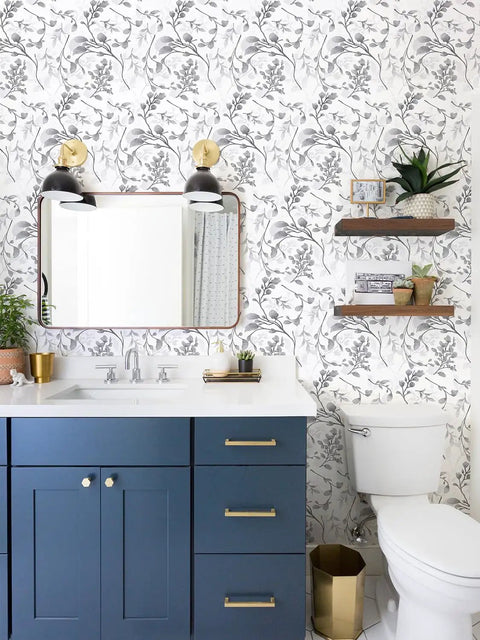 Gray Peel And Stick Floral Wallpaper Self Adhesive Vinyl With Waterproof And Removable Backing For Easy Install On Walls Cabinets Bathrooms And Bedrooms No Residue And Strong Adhesion Twenty Four Square Feet in bathroom with sink and mirror