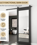 Black 32 Inch By 84 Inch Mirror Barn Door With Five Point Five Foot Sliding Hardware Kit Included No Assembly Required One Lite Full Length Solid Wood Waterproof PVC Surface installed in a bathroom