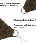 Close-up of 10x12 Brown Outdoor Shade Sail Canopy With UV Resistant Permeable Fabric and rust-free D-rings for easy installation.