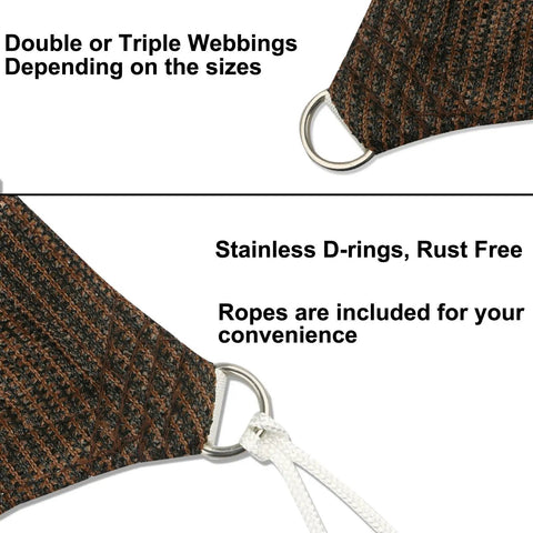 Close-up of 10x12 Brown Outdoor Shade Sail Canopy With UV Resistant Permeable Fabric and rust-free D-rings for easy installation.