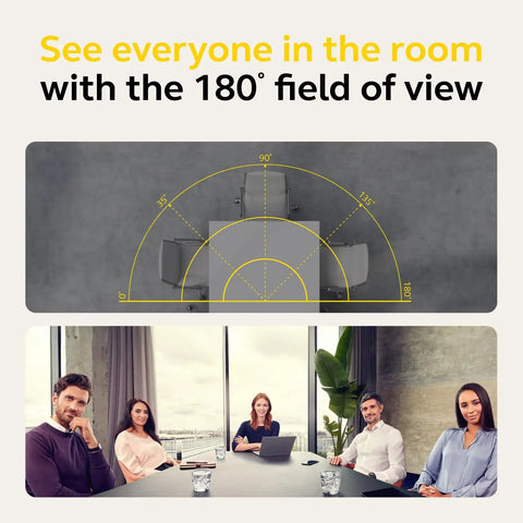 Intelligent Video Bar Webcam Delivers Fire 4K Action Over A Stunning 180 Degree Field Of View with four people in a meeting room.