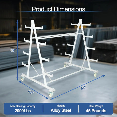 Beefy Heavy-Duty Rolling Pipe Storage Rack With Wheels, 5-Tier Conduit Organizer Cart, 56x44x52 Inches, in warehouse setting.