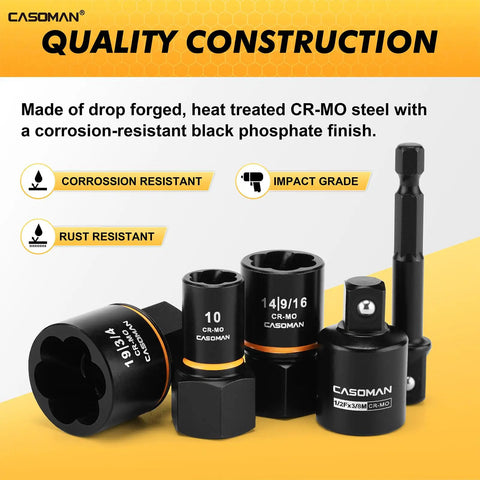 17-Piece 3/8 Inch Drive Bolt Extraction Socket Set in CR-MO Steel with black oxide finish, front view of the kit components