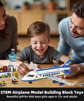 Child assembling Six In One City Airport Airplane Building Set With 886 Pieces for STEM learning with parents