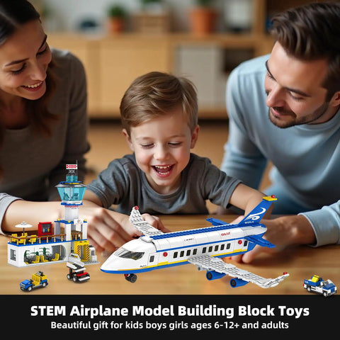 Child assembling Six In One City Airport Airplane Building Set With 886 Pieces for STEM learning with parents